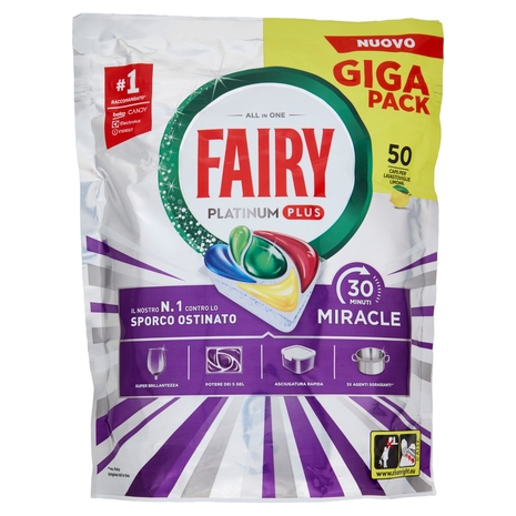 Fairy Pastiglie Lavastoviglie Platinum Plus All in One Miracle, Detersivo Piatti Limone 50 Caps 823g